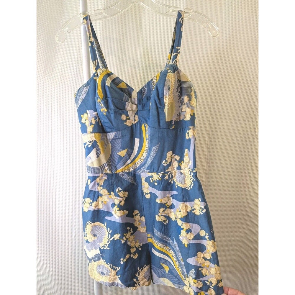 Vintage Playsuit 50s Smocked Cotton Zipper Pin-up S/M Hawaiian Floral (G06)